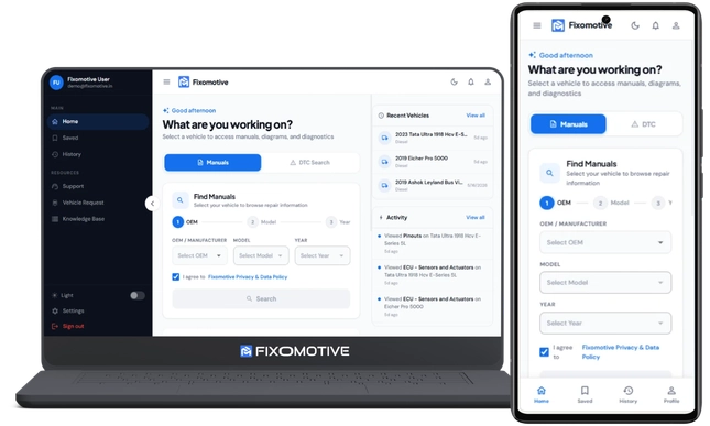 Fixomotive Repair app showing vehicle manuals, wiring diagrams and DTC search on laptop and phone