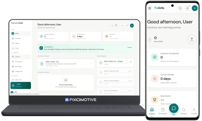 Fixomotive Skills training platform on laptop and smartphone showing learning journeys, progress and upcoming modules