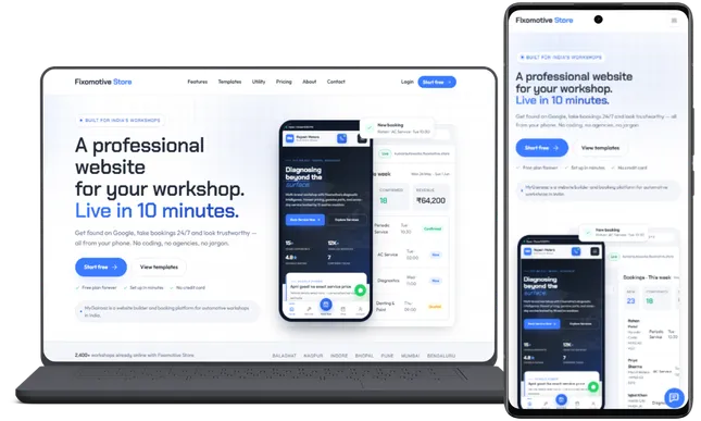 Fixomotive Store website builder on laptop and smartphone showing a workshop website template with online booking and analytics