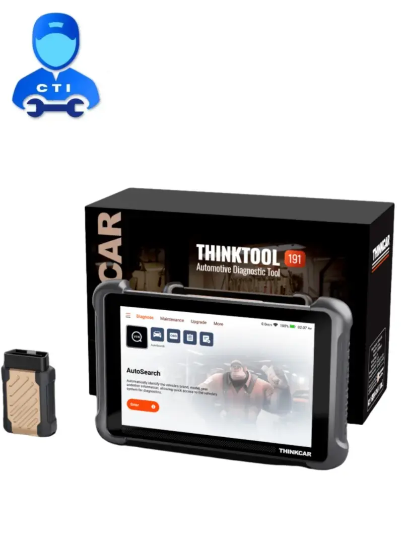 ThinkCar ThinkTool Expert 191 tablet and VCI in front of the ThinkTool Expert 191 packaging box