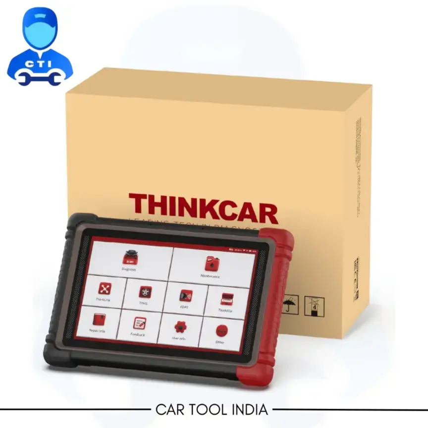 ThinkCar ThinkTool Expert 195 tablet and VCI in front of the ThinkTool Expert 195 packaging box