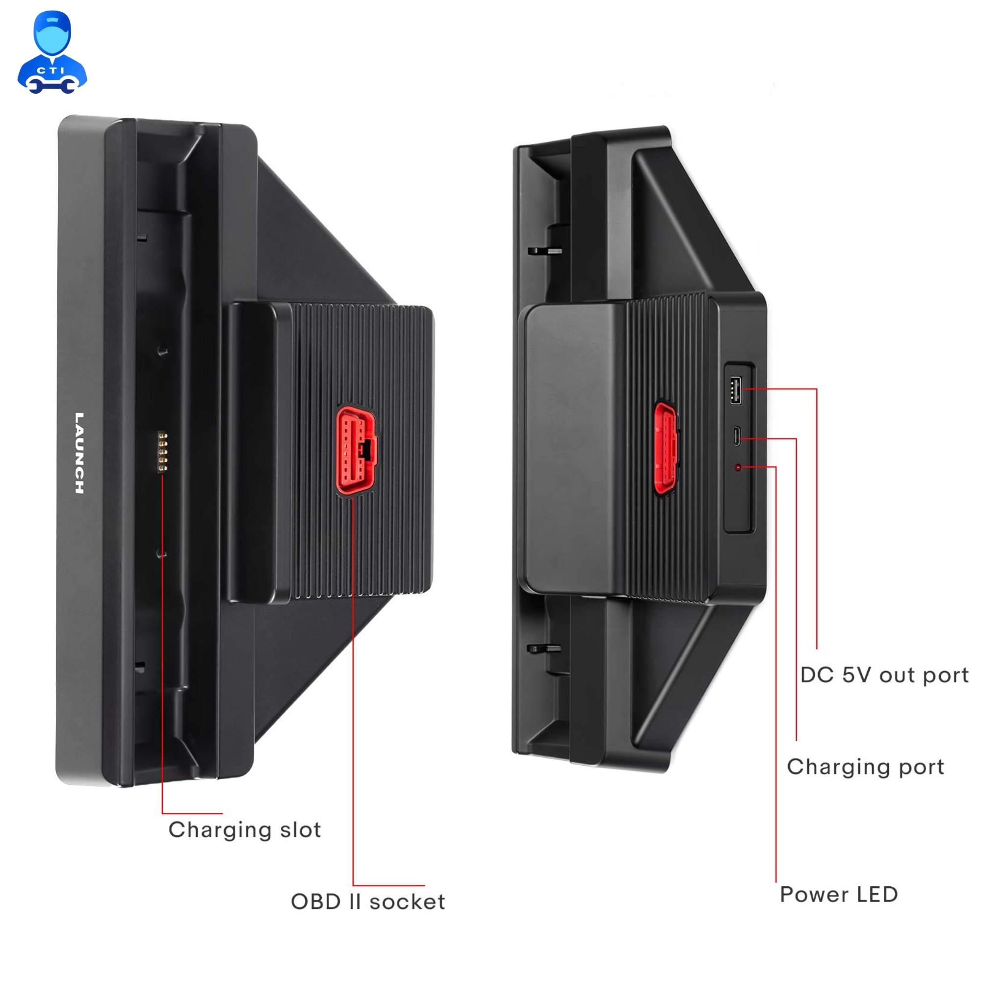 Launch X-431 PAD 5 LINK charging station / dock — OBD II socket, DC 5V out, charging slot and power LED