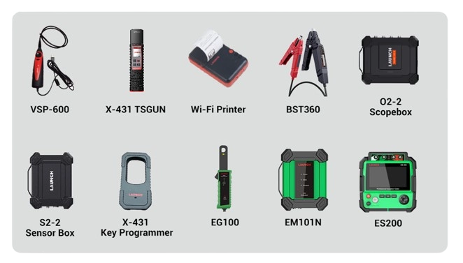 Launch X-431 PRO3 LINK compatible add-on modules — VSP-600 videoscope, X-431 TSGUN TPMS tool, Wi-Fi printer, BST360 battery tester, O2-2 scopebox, S2-2 sensor box, X-431 key programmer, EG100 EV clamp, EM101N oscilloscope and ES200
