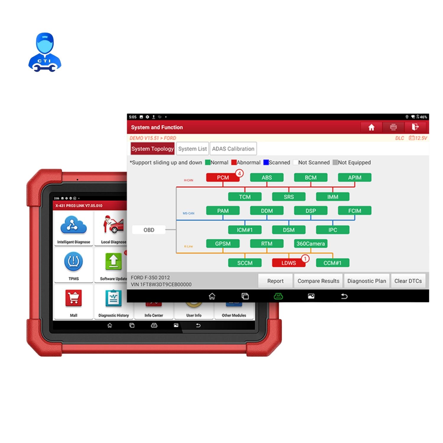 Launch X-431 PRO3 LINK intelligent topology mapping — colour-coded system map showing normal, abnormal and not-equipped ECUs across the vehicle network