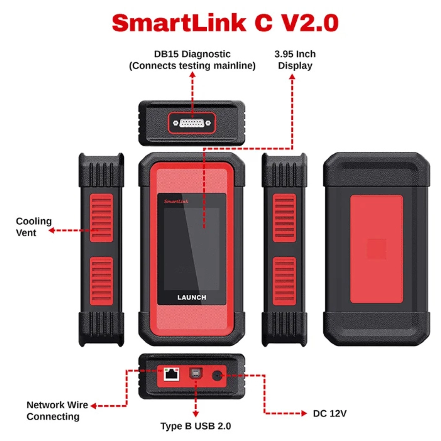 Launch SmartLink C V2.0 VCI labelled diagram — DB15 diagnostic port, 3.95-inch display, cooling vents, Type-B USB 2.0, LAN network port and DC 12V input