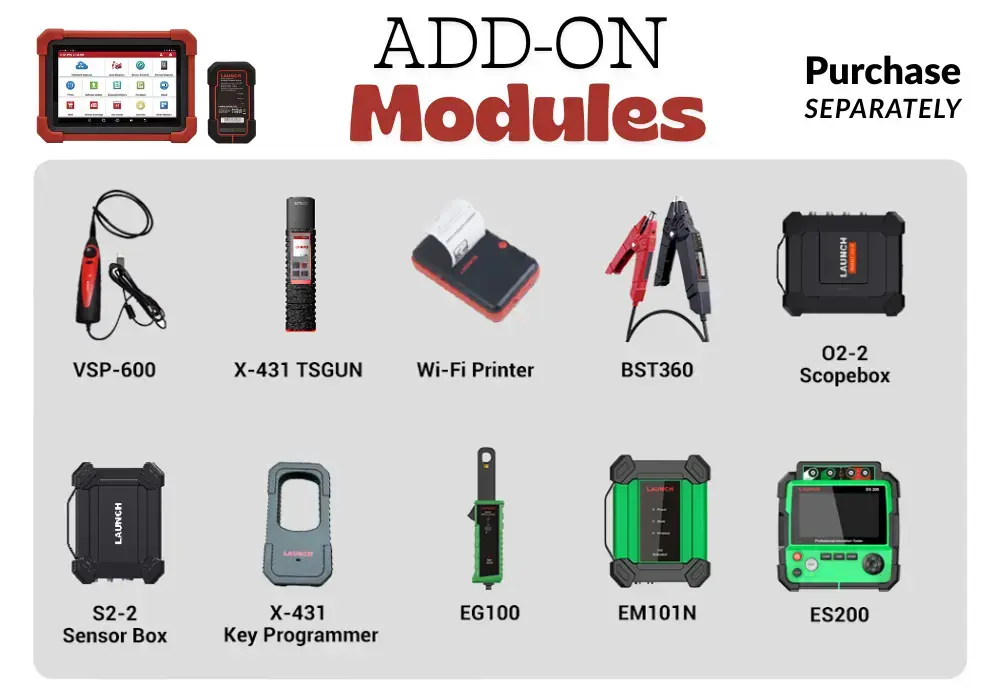 Launch X431 PRO SE compatible add-on modules — VSP-600 videoscope, X-431 key programmer, TSGUN TPMS tool, BST360 battery tester and scopebox
