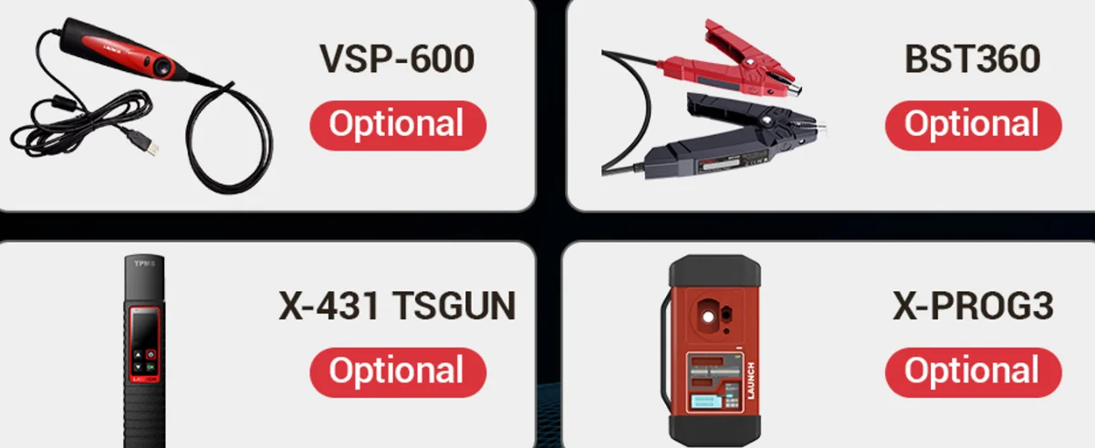 Launch X431 Pro SE Lite optional add-on modules — VSP-600 videoscope inspection camera, BST360 Bluetooth battery tester, X-431 TSGUN TPMS service tool and X-PROG 3 key & ECU programmer