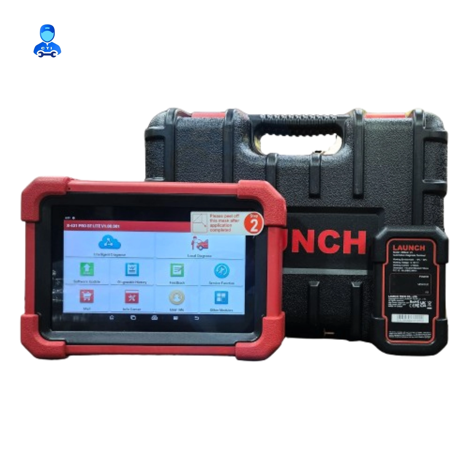 Launch X-431 PRO SE LITE tablet and VCI in front of the X-431 PRO SE LITE packaging box