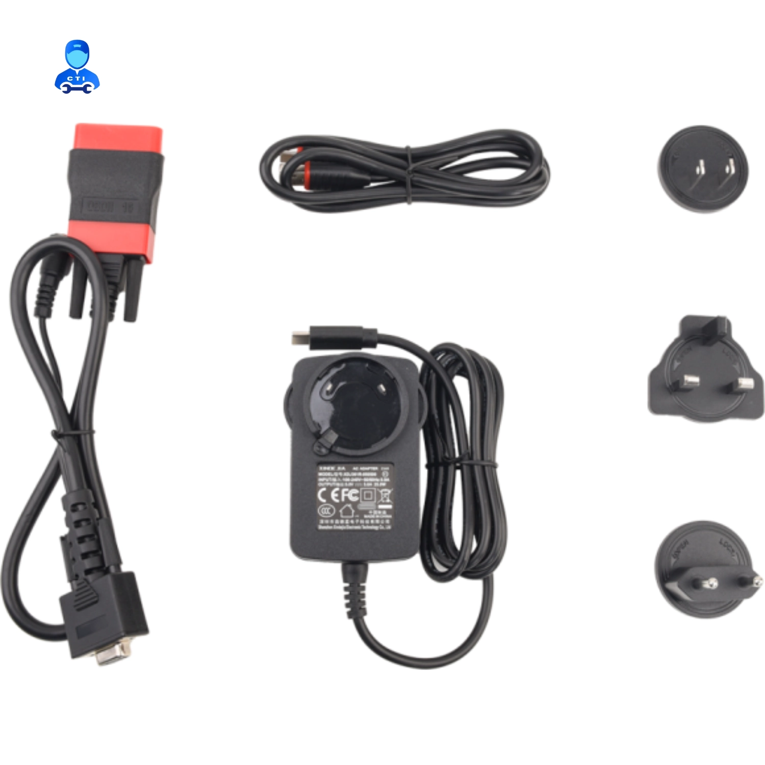 Launch X-431 PRO SE LITE accessories — DBScar VII VCI, power adapter, USB and OBD cables with multi-region plugs