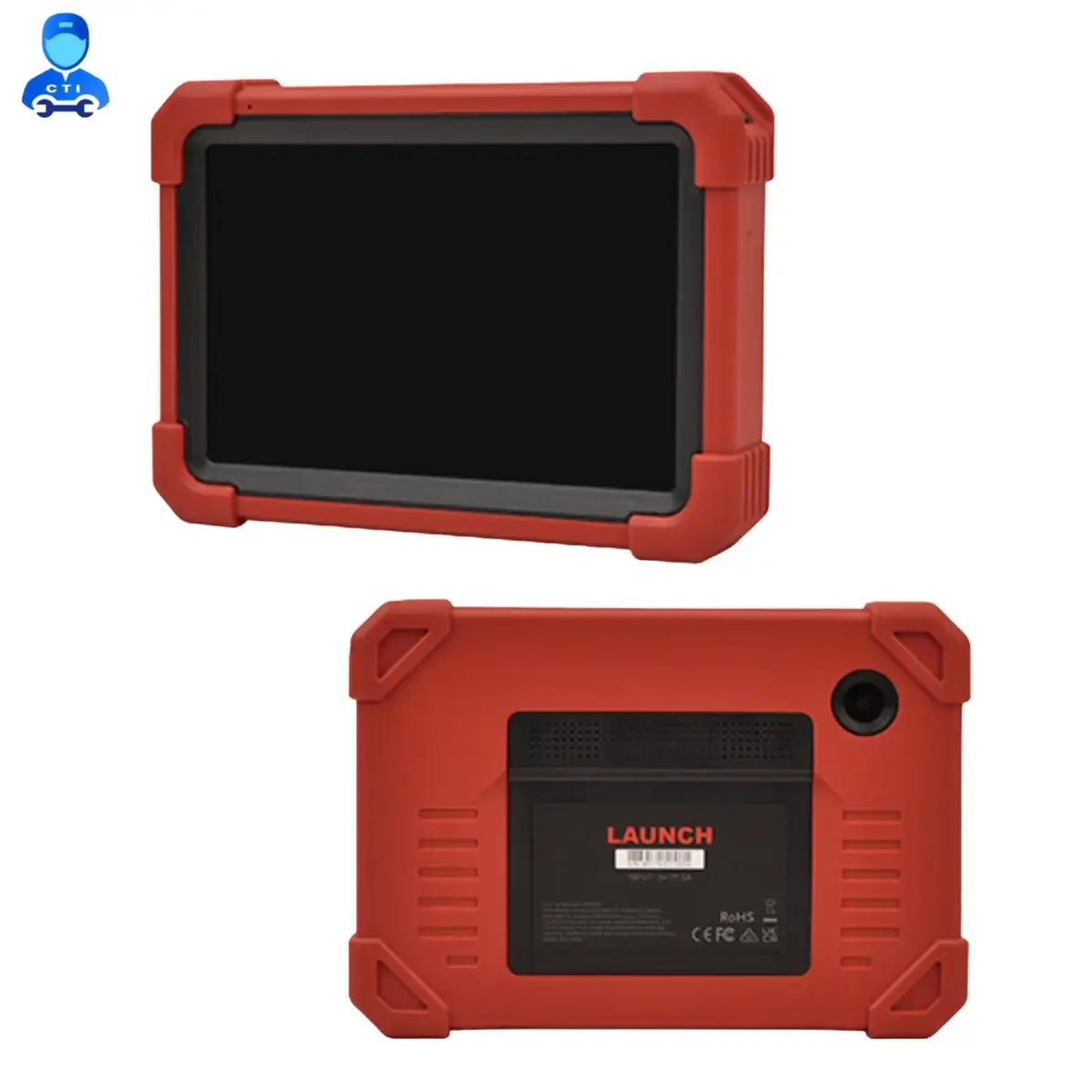 Launch X-431 PRO SE tablet front and back view with protective frame and 8MP camera
