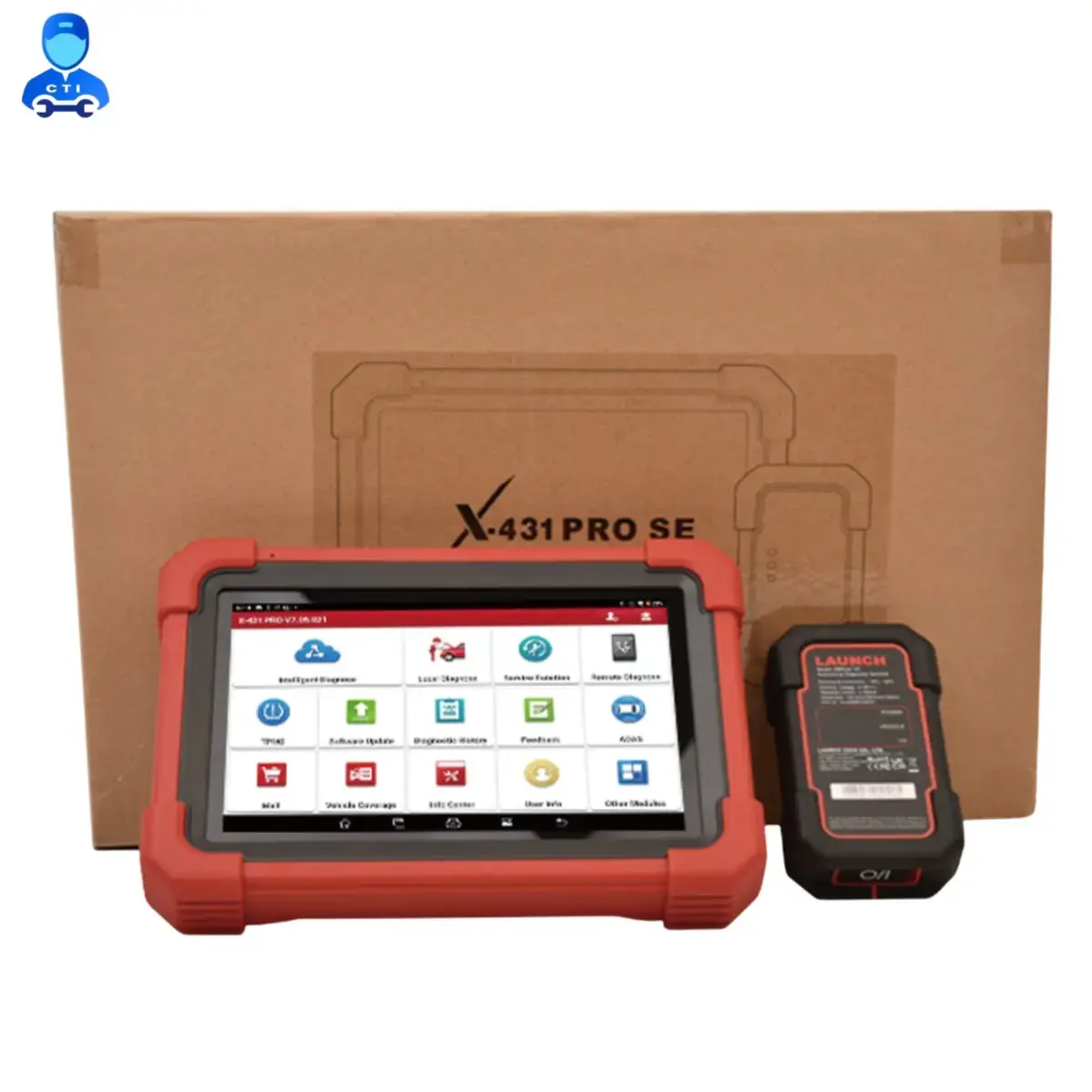 Launch X-431 PRO SE tablet and VCI in front of the X-431 PRO SE packaging box