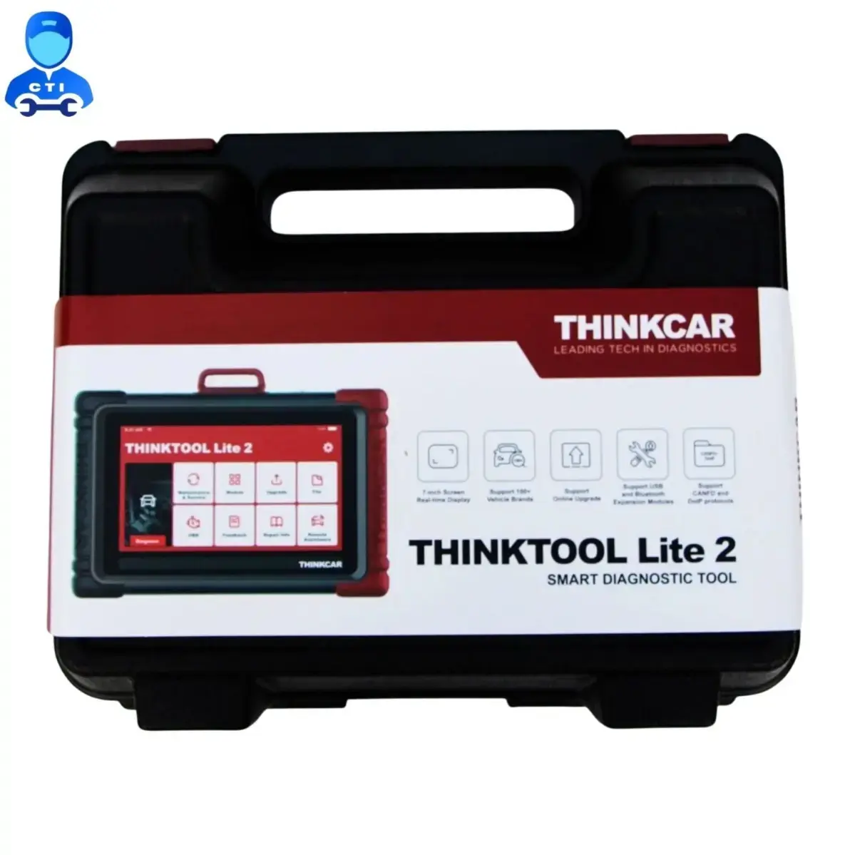 ThinkCar ThinkTool Lite 2 tablet and VCI in front of the ThinkTool Lite 2 packaging box