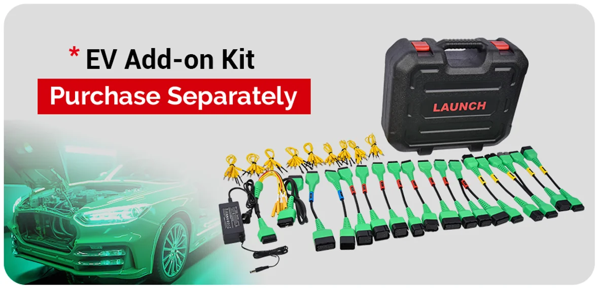 Launch EV diagnostic add-on kit (purchased separately) — green high-voltage breakout connectors, adapters and carry case
