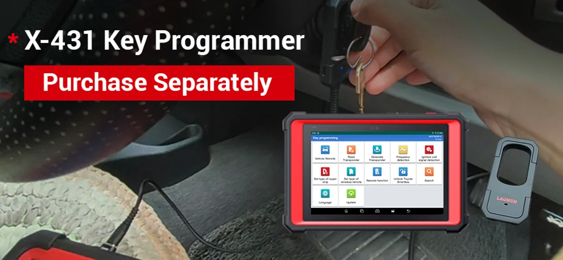 Launch X-431 Key Programmer add-on (purchased separately) — immobiliser and smart-key programming on the tablet