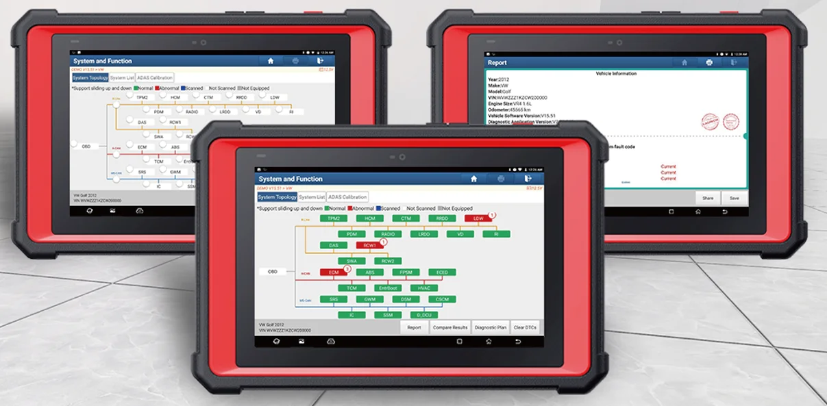 Launch X-431 PAD 5 LINK intelligent topology mapping — colour-coded system map showing normal, abnormal and not-equipped ECUs across the vehicle network