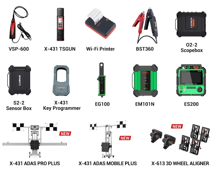 Launch X-431 PAD 9 LINK compatible add-on modules — VSP-600, X-431 TSGUN, Wi-Fi printer, BST360, O2-2 scopebox, S2-2 sensor box, X-431 key programmer, EG100, EM101N, ES200, X-431 ADAS Pro Plus, ADAS Mobile Plus and X-613 3D wheel aligner
