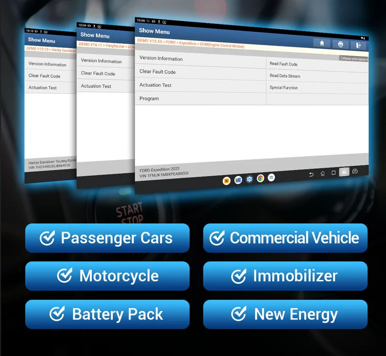 Launch X-431 PAD 9 LINK vehicle coverage — passenger cars, commercial vehicles, motorcycle, immobiliser, battery pack and new energy (EV) all included