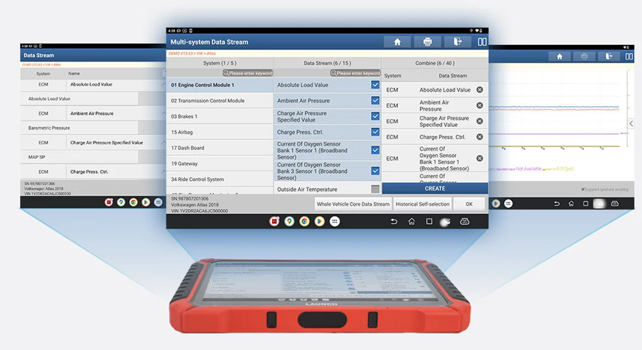 Launch X-431 PAD 9 LINK multi-system data stream — live parameters from multiple ECUs combined and graphed together on one screen
