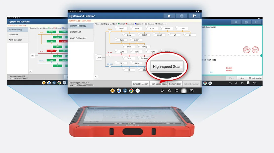 Launch X-431 PAD 9 LINK intelligent topology mapping — colour-coded system map showing normal, abnormal and not-equipped ECUs across the vehicle network
