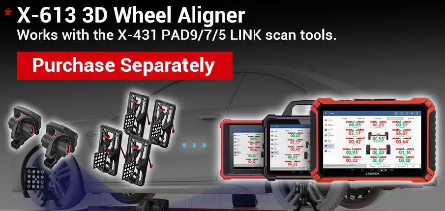 Launch X-613 3D Wheel Aligner add-on (purchased separately) — works with X-431 PAD9/7/5 LINK scan tools