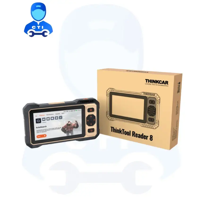 ThinkCar ThinkTool Reader 8 tablet and VCI in front of the ThinkTool Reader 8 packaging box