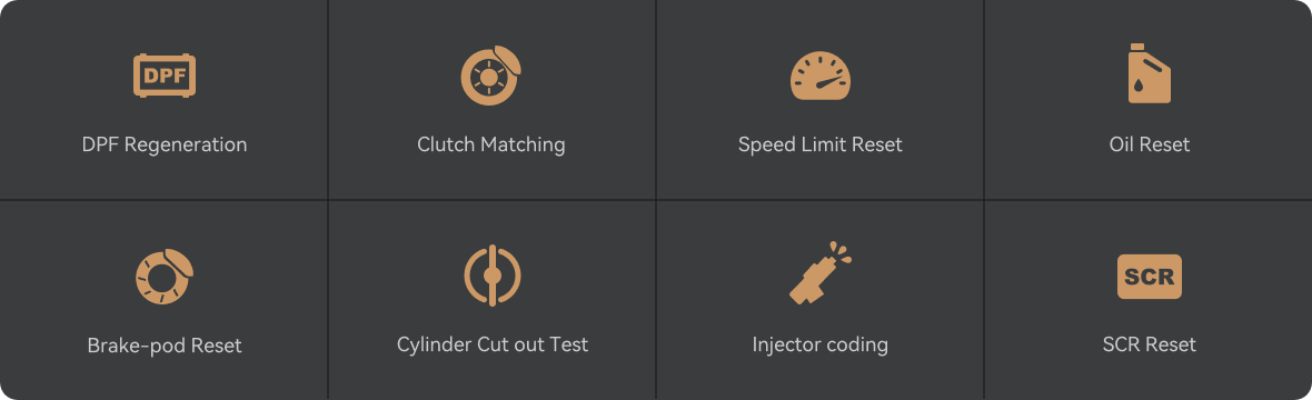 ThinkScan HD — 8 maintenance resets: DPF regeneration, clutch matching, speed limit reset, oil reset, brake-pad reset, cylinder cut-out test, injector coding and SCR reset
