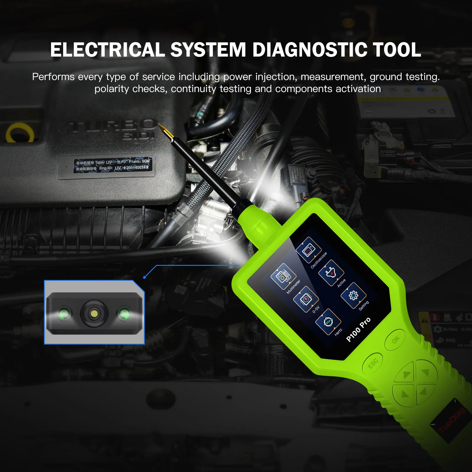 P100 Pro electrical system diagnostic tool with built-in LED work light