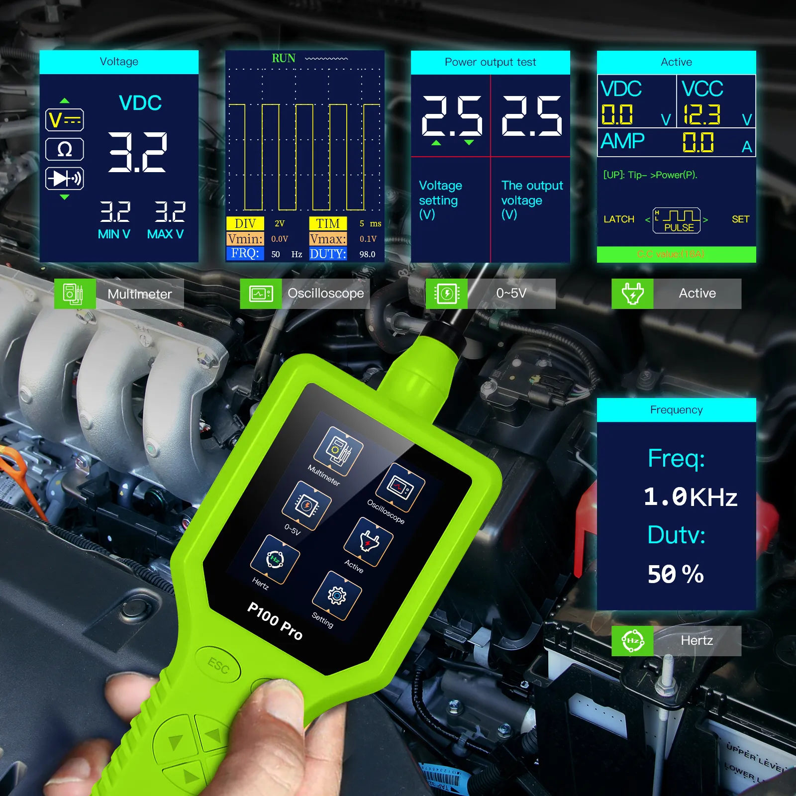 P100 Pro six working modes: multimeter, oscilloscope, 0-5V, active, frequency