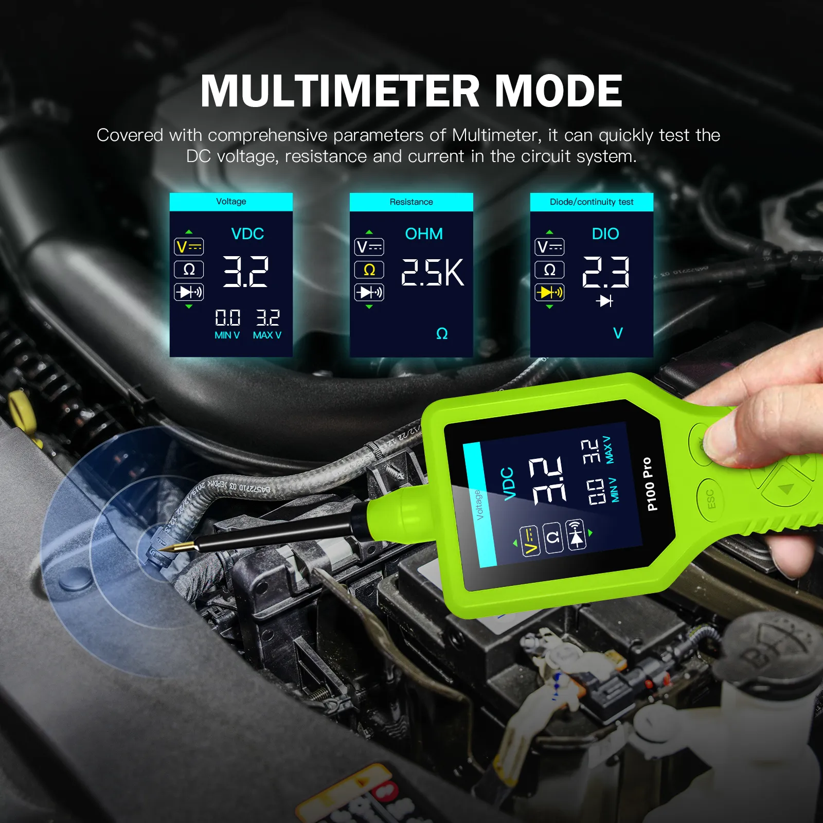 P100 Pro multimeter mode testing voltage, resistance and diode