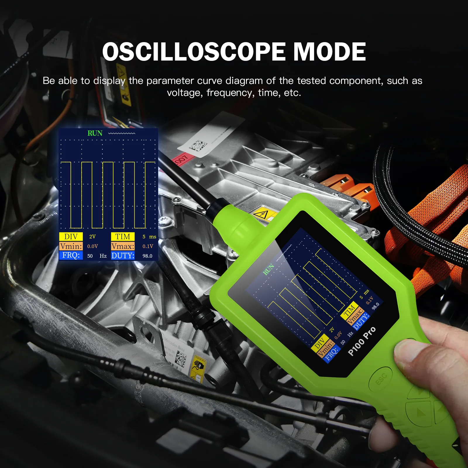 P100 Pro oscilloscope mode showing waveform curve diagram