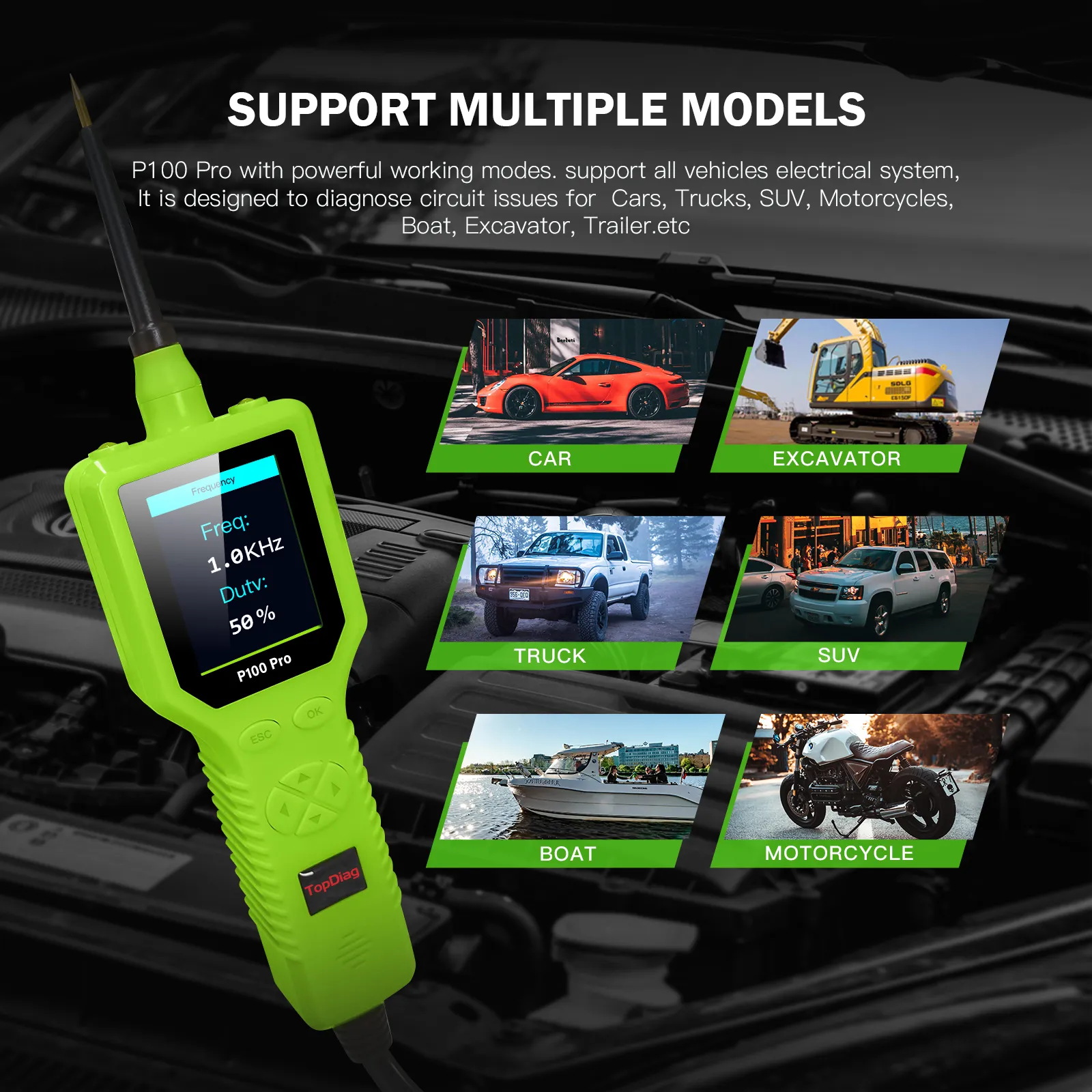 P100 Pro supports car, truck, SUV, motorcycle, boat and excavator