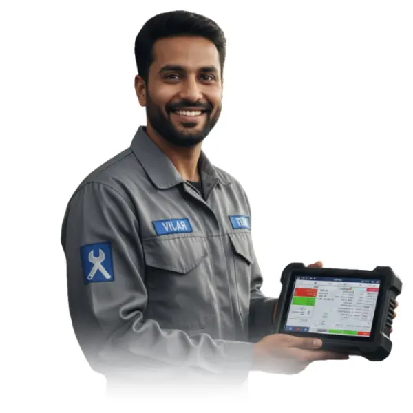 Car Tool India support technician smiling while holding a diagnostic tablet
